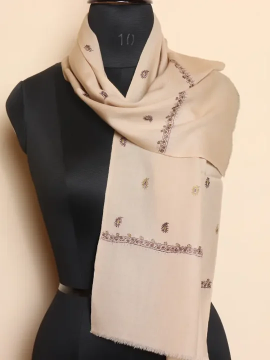64 Count Creamy Muffler with Intricate Sozni Work from Kashmir