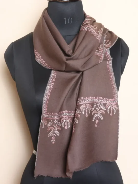 Dark Beige Hand Sozni Worked 64 Count Muffler from Kashmir
