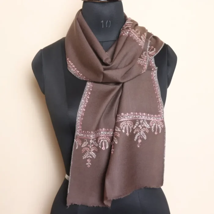 Dark Beige Hand Sozni Worked 64 Count Muffler from Kashmir