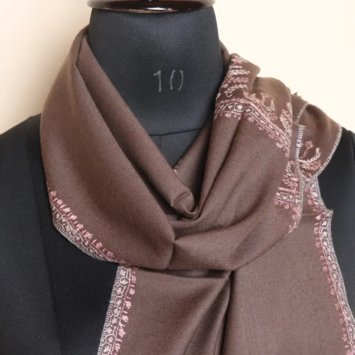 Dark Beige Hand Sozni Worked 64 Count Muffler from Kashmir - Image 2