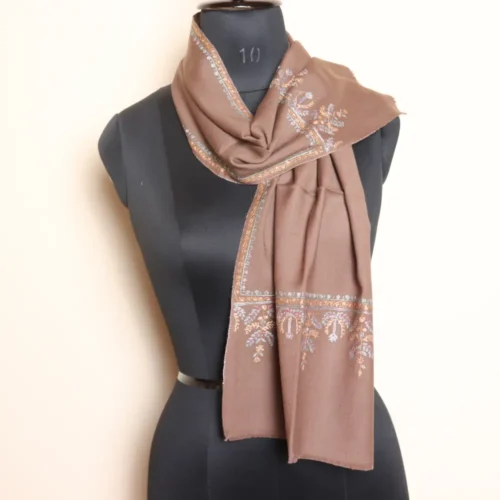 Kashmiri Beige Hand Sozni Embroidered Muffler in 64 Count Fabric