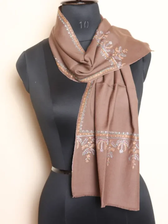Kashmiri Beige Hand Sozni Embroidered Muffler in 64 Count Fabric