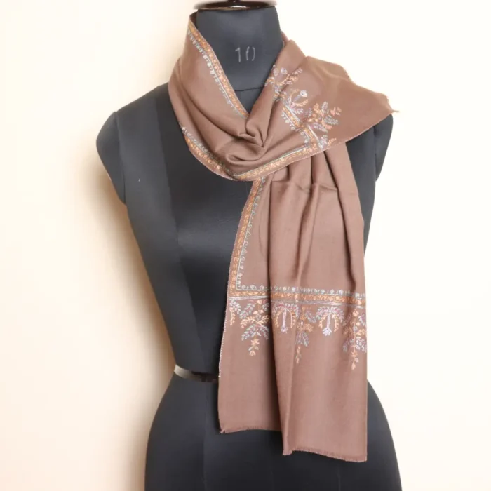 Kashmiri Beige Hand Sozni Embroidered Muffler in 64 Count Fabric