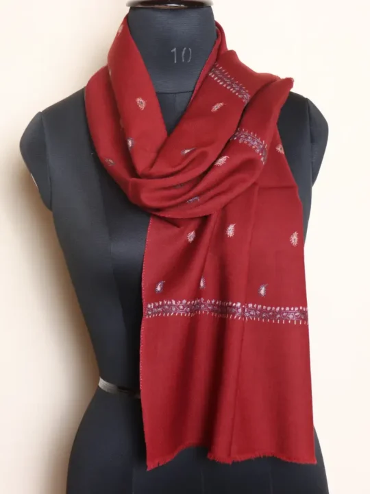 Soft Maroon 64 Count Muffler with Kashmiri Hand Sozni Embroidery
