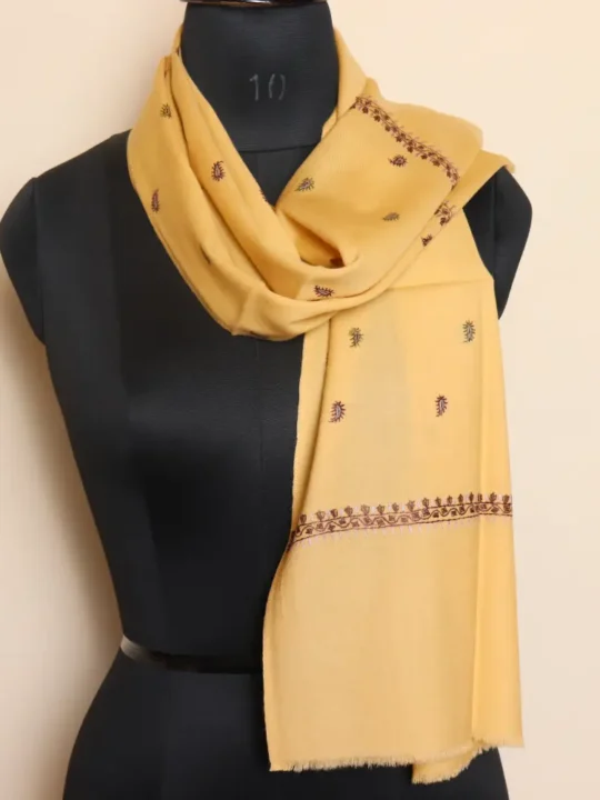 Elegant Yellow 64 Count Muffler with Kashmiri Hand-Sozni