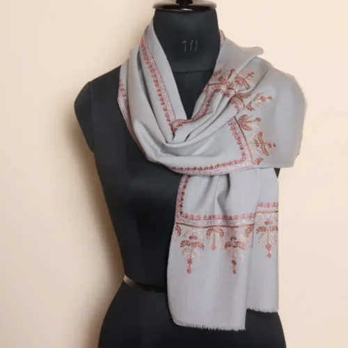 Blue-Greyish Kashmiri Muffler in 64 Count with Hand Sozni Work