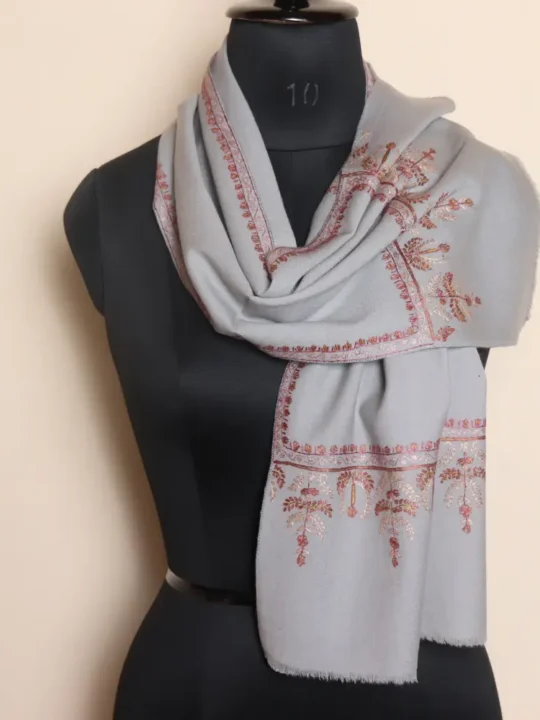 Blue-Greyish Kashmiri Muffler in 64 Count with Hand Sozni Work