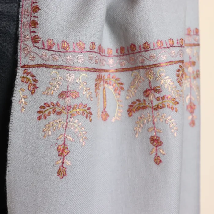 Blue-Greyish Kashmiri Muffler in 64 Count with Hand Sozni Work - Image 3