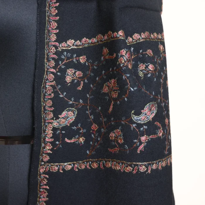 64 Count Black Muffler with Intricate Sozni Work from Kashmir - Image 2