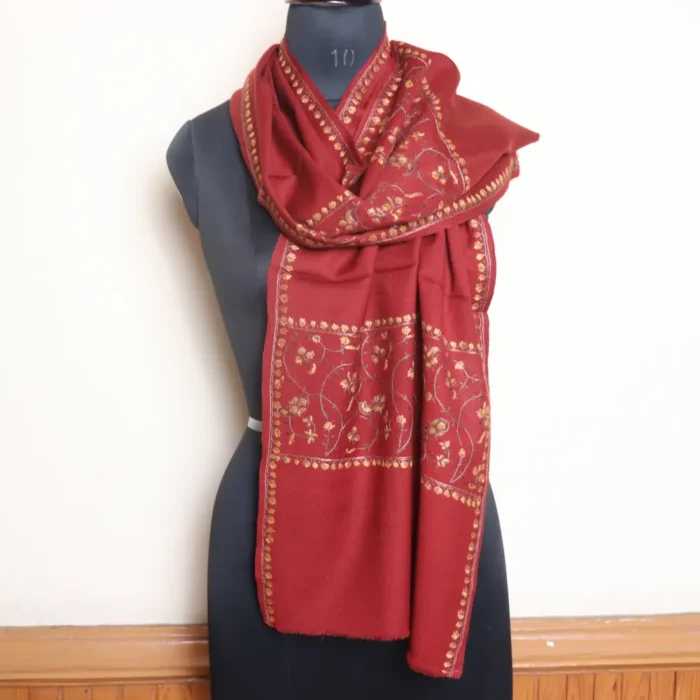Classic Maroon Sozni Needle Embroidered Muffler from Srinagar