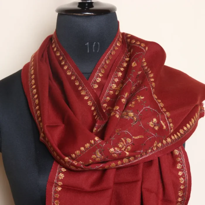 Classic Maroon Sozni Needle Embroidered Muffler from Srinagar - Image 2