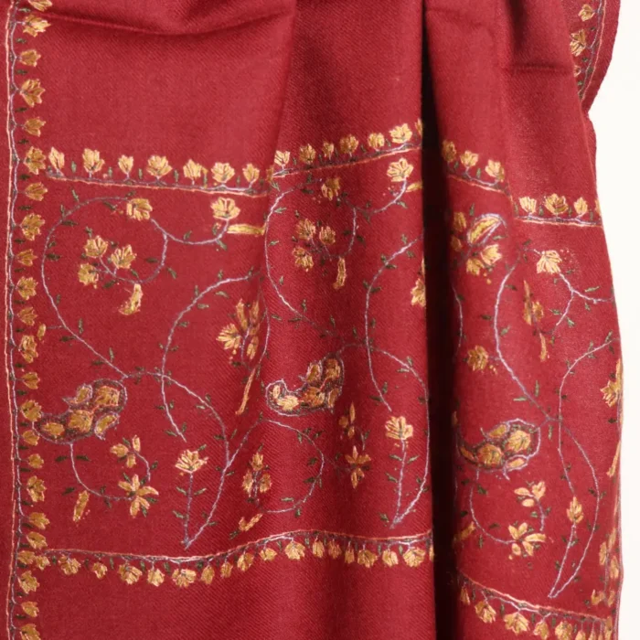 Classic Maroon Sozni Needle Embroidered Muffler from Srinagar - Image 3