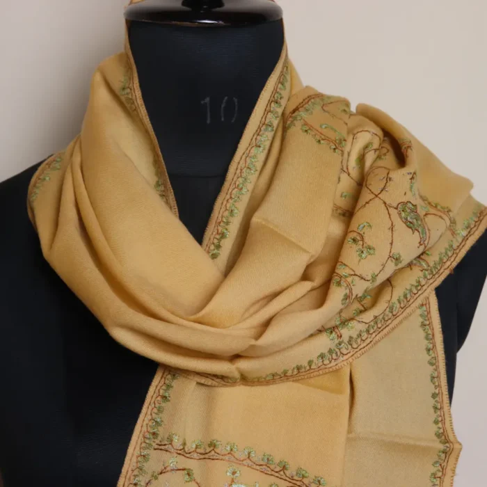 Kashmiri Sozni Embroidered Yellow Muffler in 64 Count - Image 2