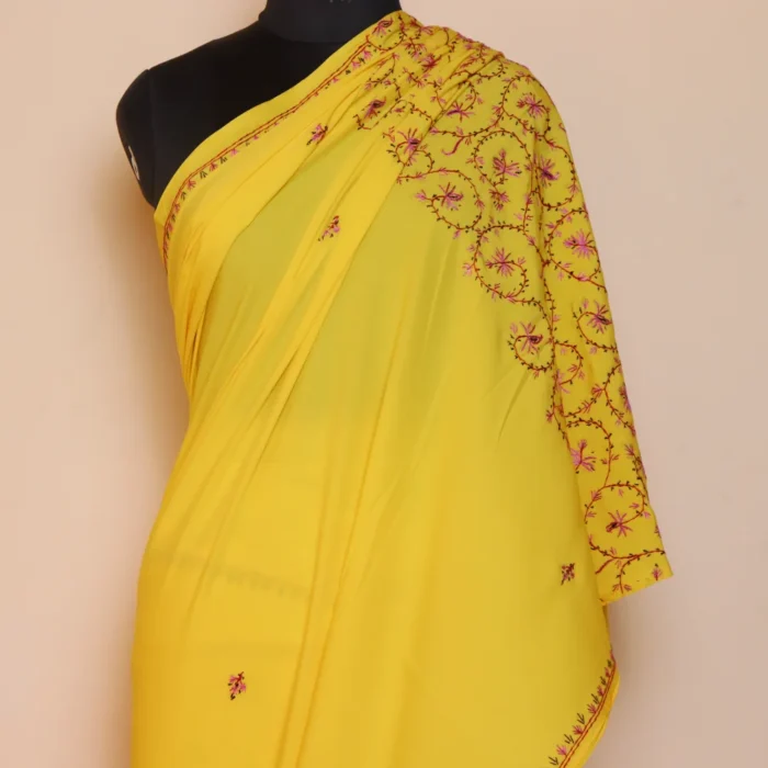Authentic Hand Sozni Saree from Kashmir | Yellow - Dal Jheel - Image 3