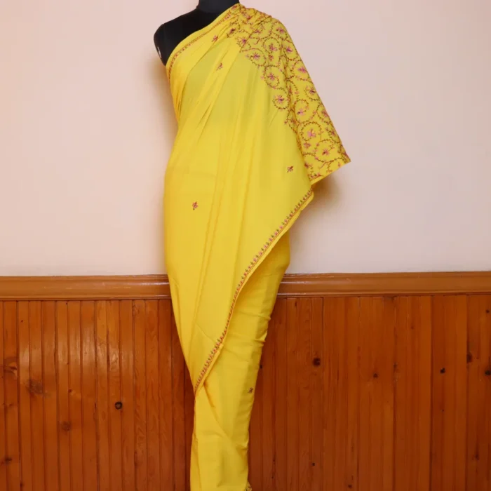 Authentic Hand Sozni Saree from Kashmir | Yellow - Dal Jheel - Image 4