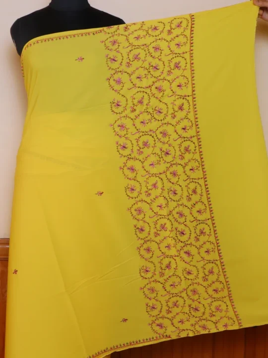 Authentic Hand Sozni Saree from Kashmir | Yellow - Dal Jheel