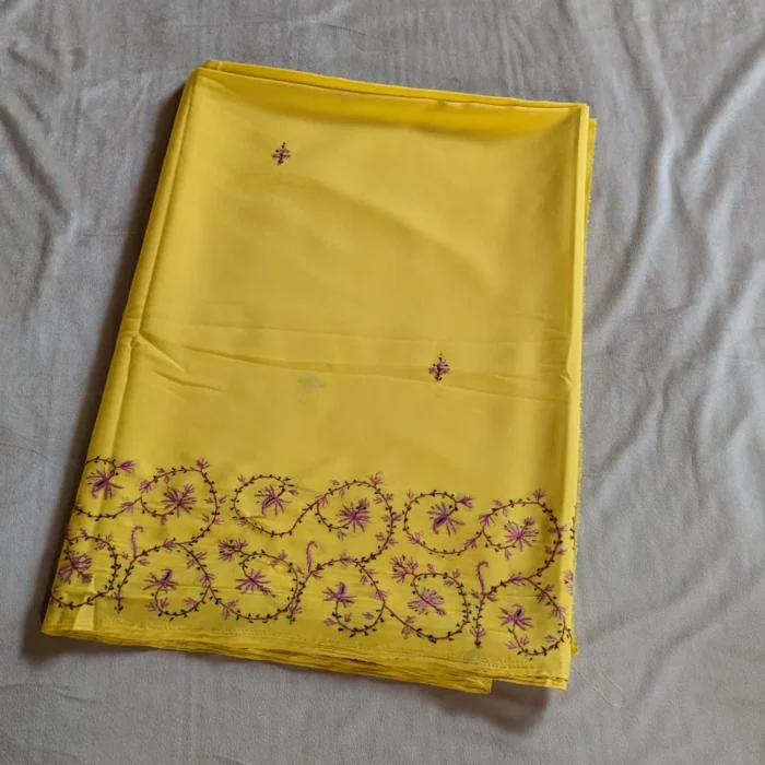 Authentic Hand Sozni Saree from Kashmir | Yellow - Dal Jheel - Image 5