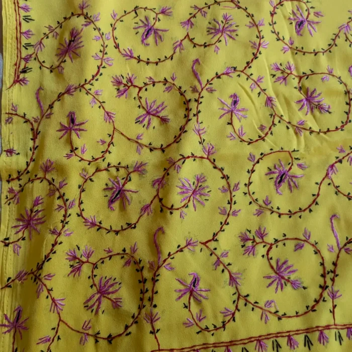 Authentic Hand Sozni Saree from Kashmir | Yellow - Dal Jheel - Image 8
