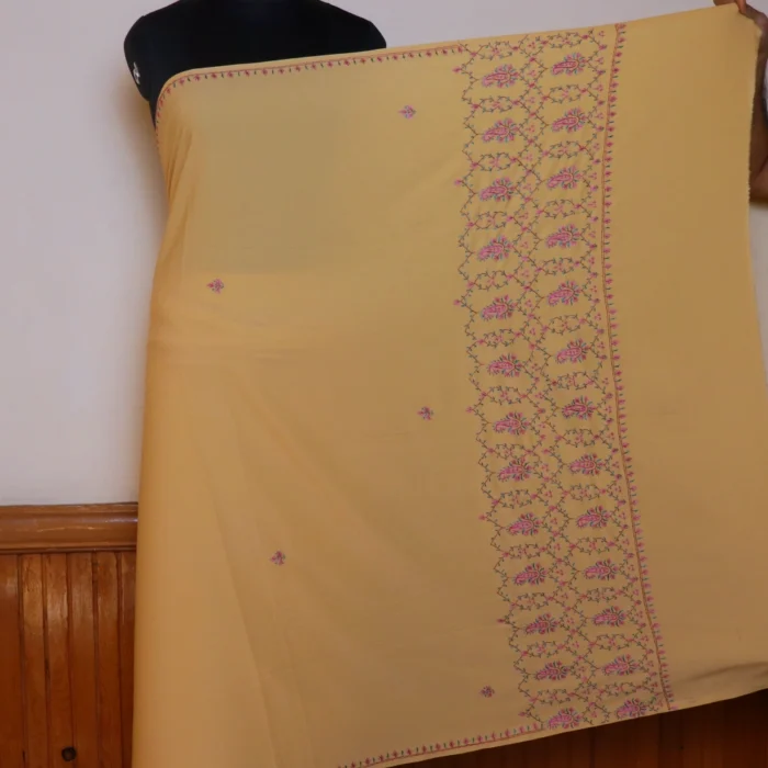 Original Hand Sozni Work Saree from Kashmir | Light Yellow - Dal Jheel - Image 8