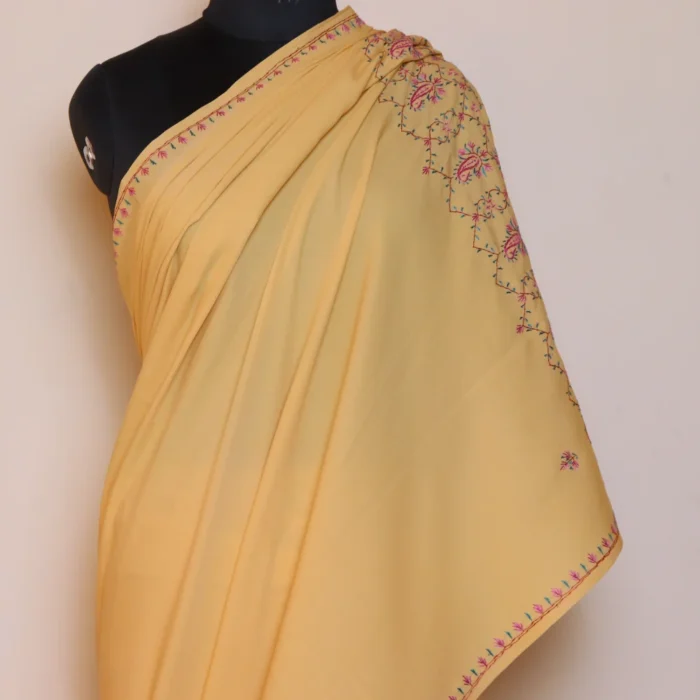 Original Hand Sozni Work Saree from Kashmir | Light Yellow - Dal Jheel - Image 3