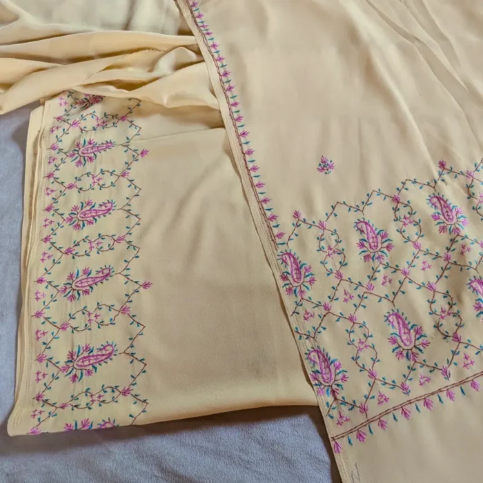 Original Hand Sozni Work Saree from Kashmir | Light Yellow - Dal Jheel