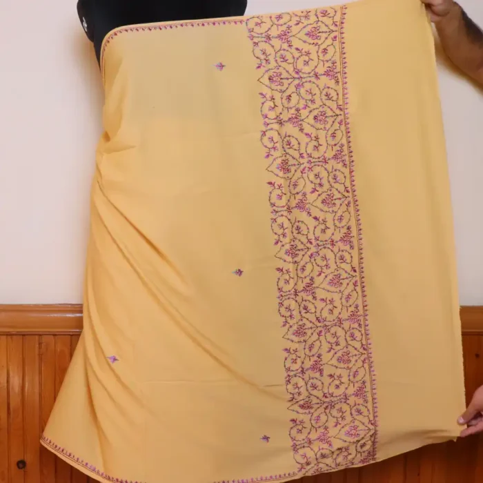 Hand Sozni Jaali Work Saree from Kashmir | Light Yellow - Dal Jheel - Image 6