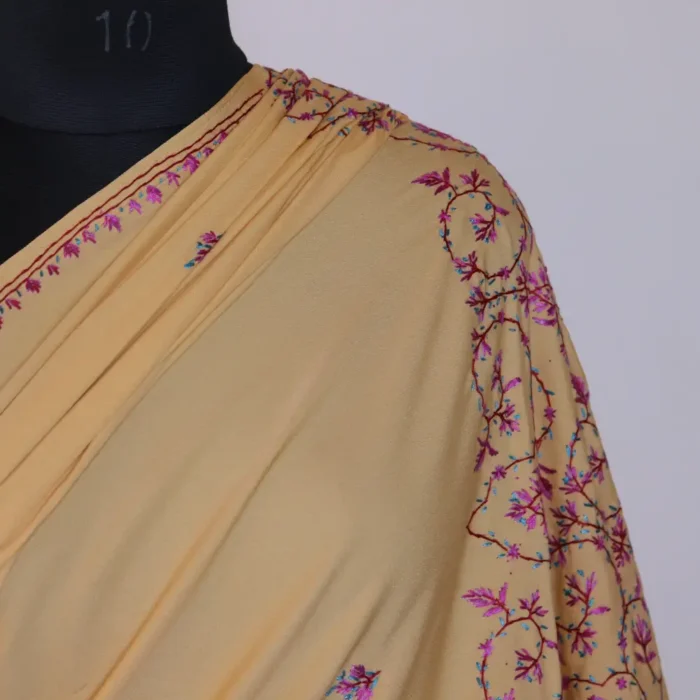 Hand Sozni Jaali Work Saree from Kashmir | Light Yellow - Dal Jheel - Image 3