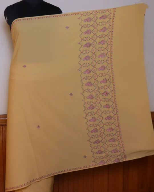 Hand Sozni Jaali Work Saree from Kashmir | Light Yellow - Dal Jheel