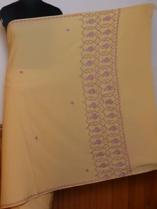 Hand Sozni Jaali Work Saree from Kashmir | Light Yellow - Dal Jheel