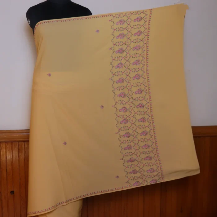 Hand Sozni Jaali Work Saree from Kashmir | Light Yellow - Dal Jheel