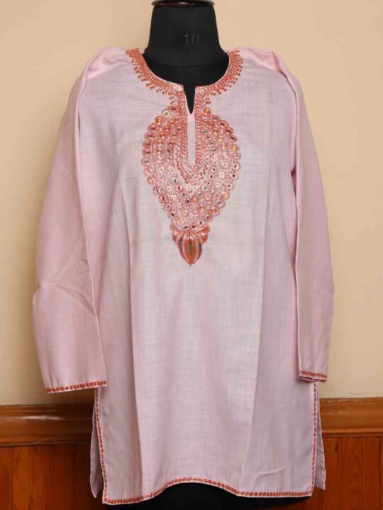 Short Tilla Embroidered Baby Pink Cotton Kurta  - Dal Jheel Collection