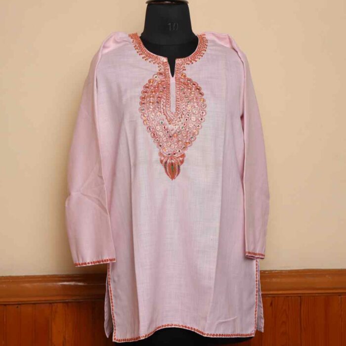 Short Tilla Embroidered Baby Pink Cotton Kurta  - Dal Jheel Collection