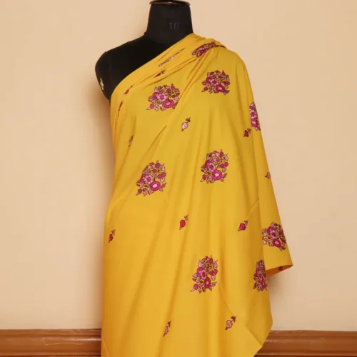 Yellow Original Hand Sozni Paper Machie Work Saree from Kashmir - Dal Jheel