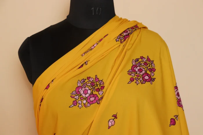 Yellow Original Hand Sozni Paper Machie Work Saree from Kashmir - Dal Jheel - Image 4