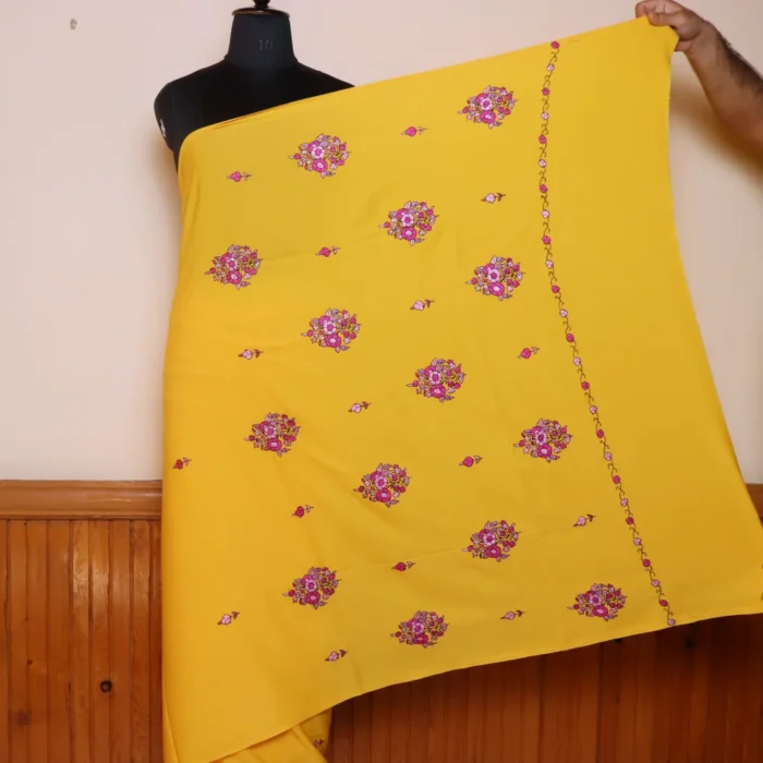 Yellow Original Hand Sozni Paper Machie Work Saree from Kashmir - Dal Jheel - Image 3