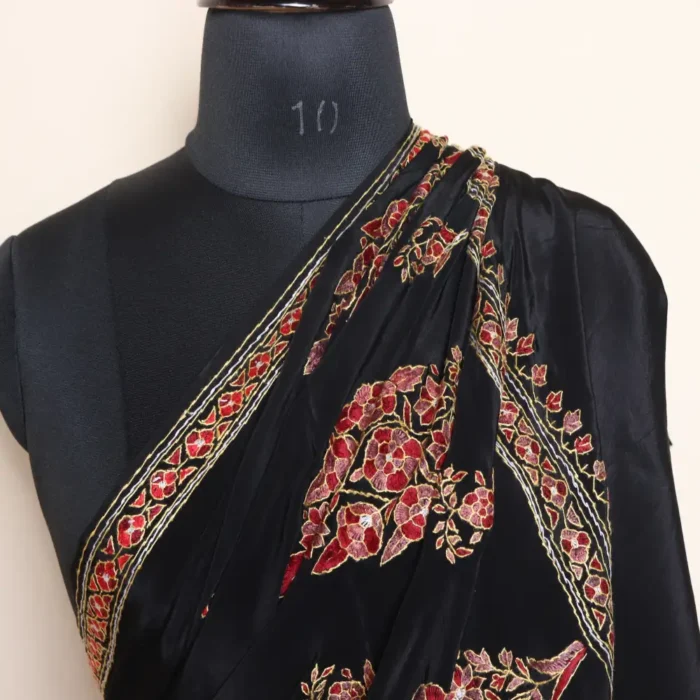 Black Authentic Hand Sozni Paper Machie Work Saree - Image 3