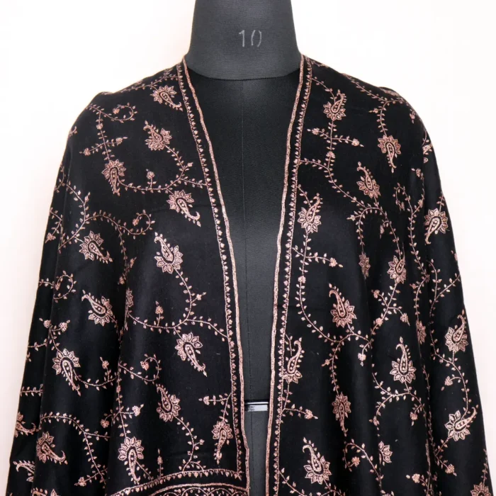 Black Pure Pashmina Stole with Sozni Hand Embroidery – Handwoven Kashmiri Wrap | Soft Luxury Scarf for Women - Image 2