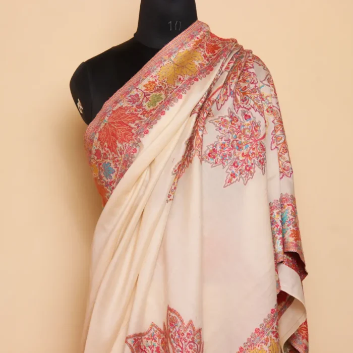 Luxe Kashmiri Kani Silk Saree | Original Jamawar Chinar Booyn  | Cream - Image 3