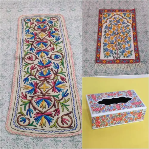 Kashmiri Gift Hamper for Home With Handmade Items | Runner, Paper Machie Tissue Box, and Wall Hanging