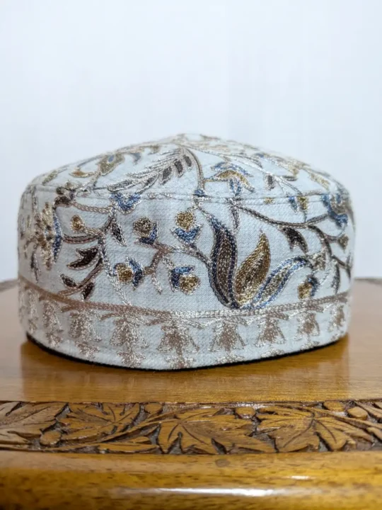 Mahjabeen Traditional Aari Embroidered Grey Shaded Cap in Toosha Fabric