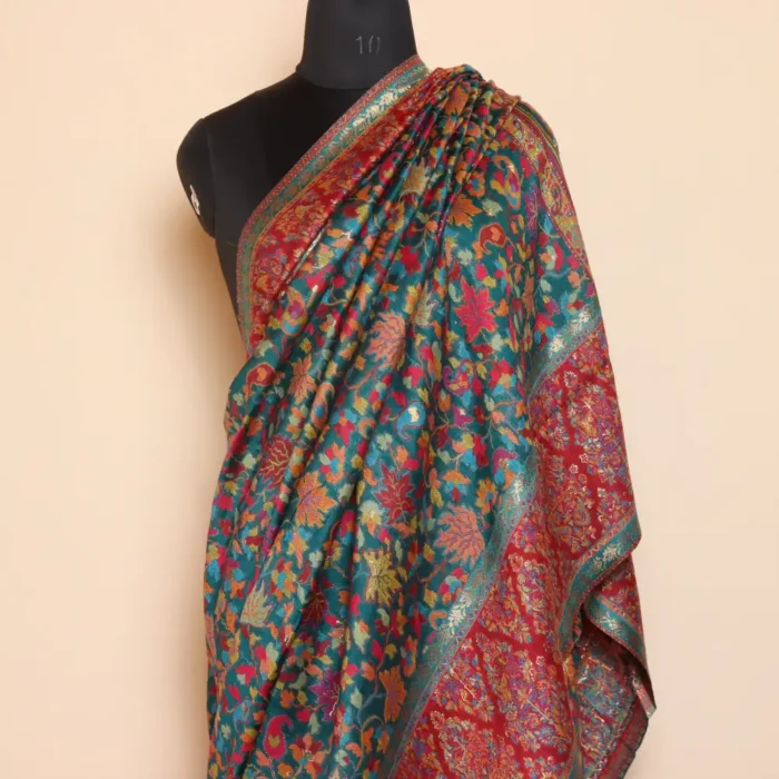 Luxe Jamawar Original Kashmiri Silk Kani Saree | Green | Gul E Nargis - Image 3
