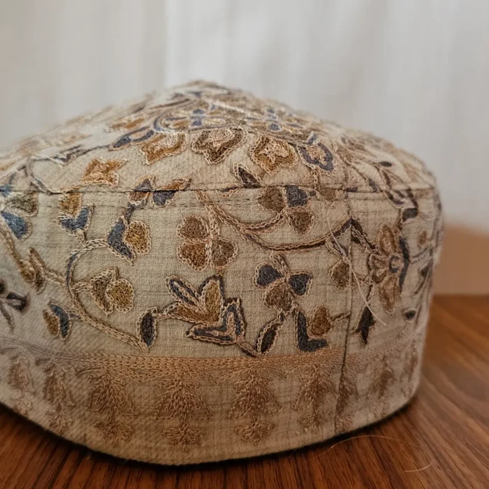 Grey Shaded Mahjabeen Traditional Aari Embroidered Cap in Toosha Fabric - Image 2