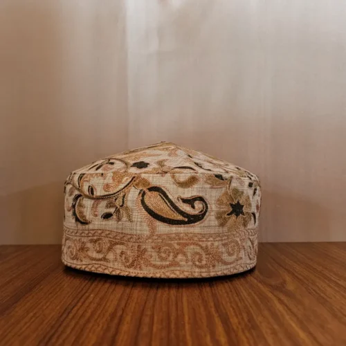 Roshan Kul Soft Toosha Creamy Cap with Kashmiri Aari Embroidery