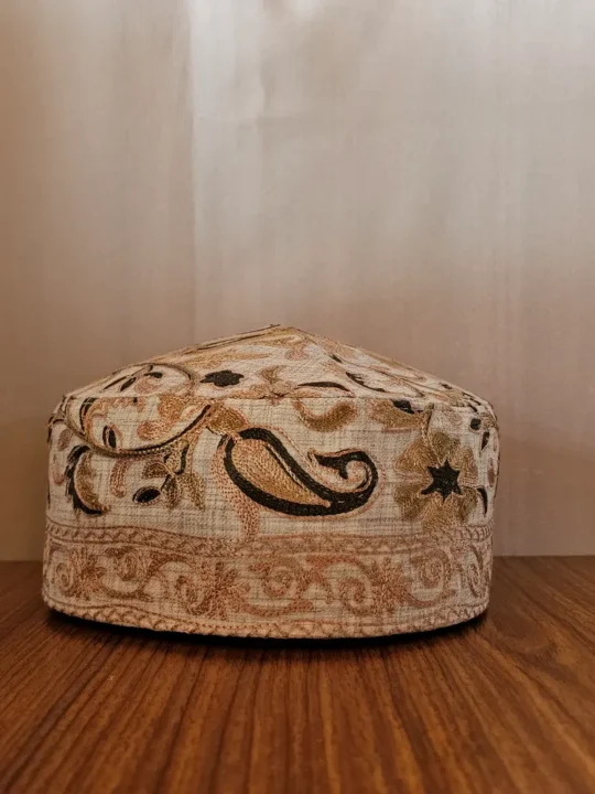 Roshan Kul Soft Toosha Creamy Cap with Kashmiri Aari Embroidery
