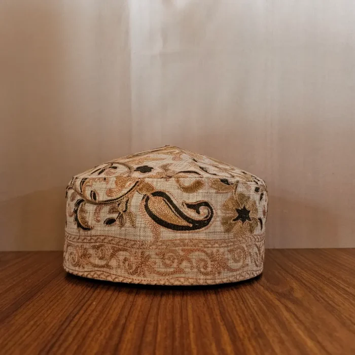 Roshan Kul Soft Toosha Creamy Cap with Kashmiri Aari Embroidery