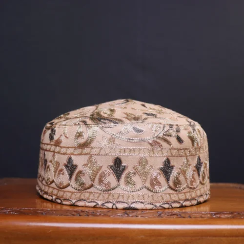 Aabshar Gali Kashmiri Beige Toosha Cap with Elegant Aari Detailing