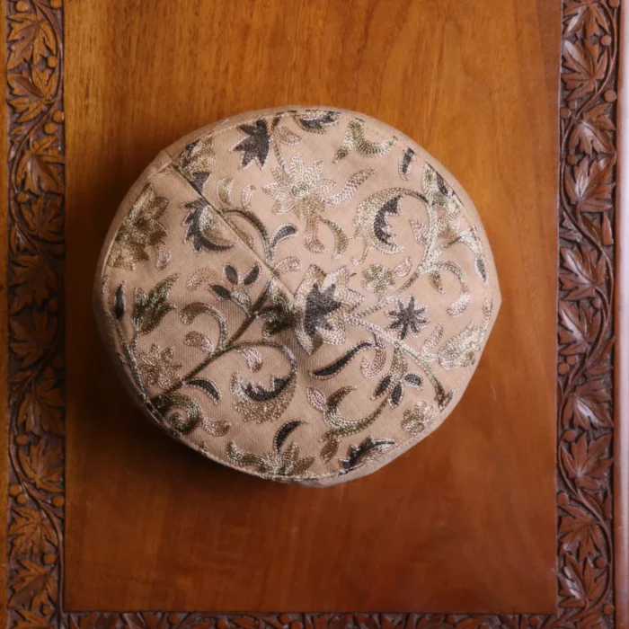 Nishat Baghi – Aari Embroidered Beige Toosha Cap from Kashmir - Image 2