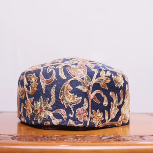 Poshnool Blue Toosha Cap Embellished with Kashmiri Aari Embroider