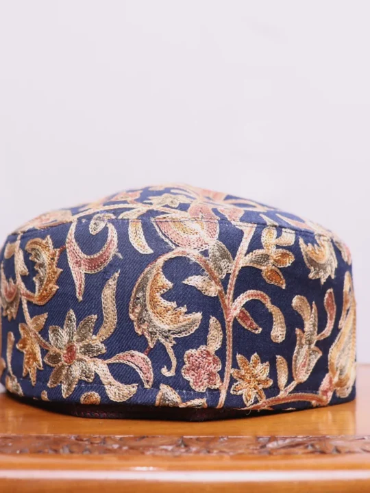 Poshnool Blue Toosha Cap Embellished with Kashmiri Aari Embroider