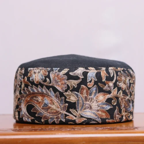 Sitar Bagh Black Aari Embroidered Toosha Cap from Kashmir Valley